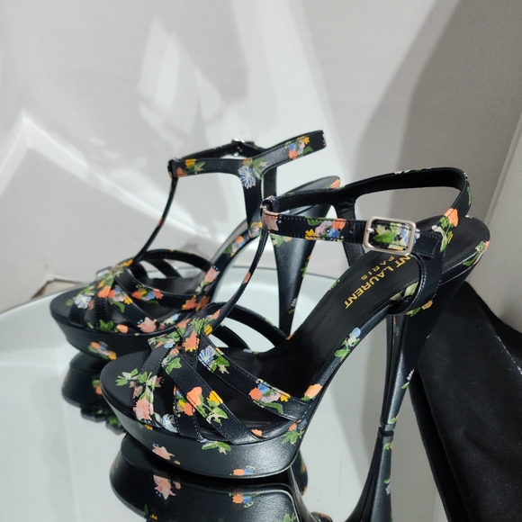 Saint Laurent Floral Print Pumps Tribute Black Leather Heels Size 38 - Picture 3 of 10